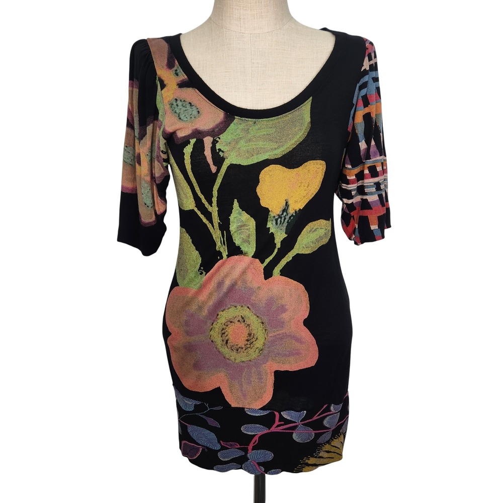 Desigual Women's Size M‎ Black Floral Print 1/2 Sleeve Scoop Neck Tunic Dress